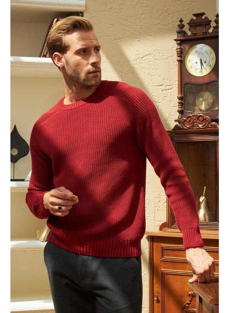 Odelon Crew Neck Selanik Knitted Cotton Men's Burgundy Knitwear Sweater - Image 3